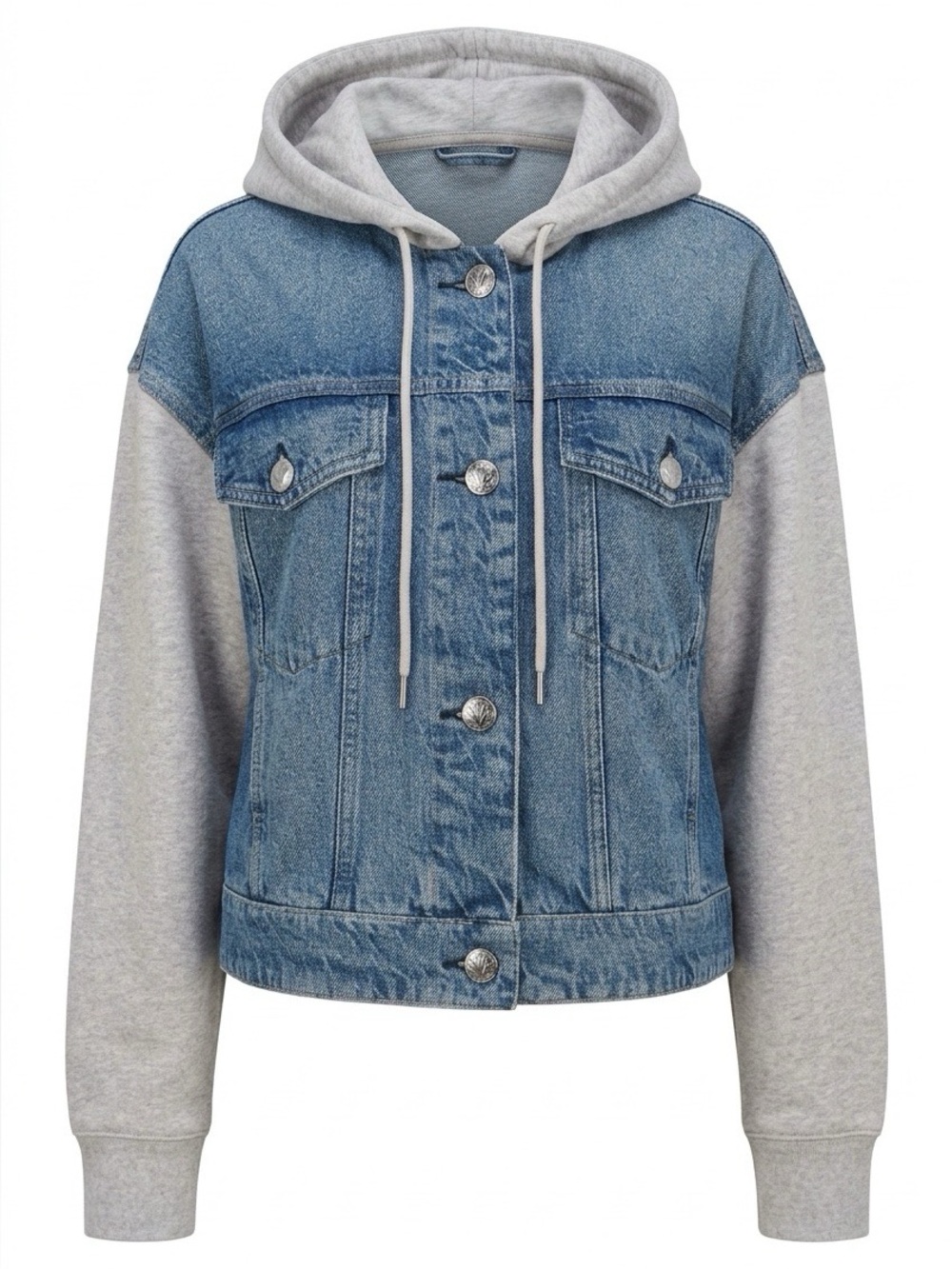 Denim Jacket with Gray Hooded Sleeves - Casual Women’s Jacket Size Small